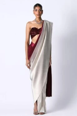 431-88 By Shweta Kapur Maroon To Black Draped Sari Set