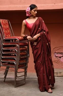 Deep Thee Mahogany Hand Embroidered Sari Set