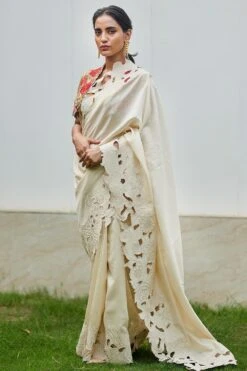 Chandrima Ivory Chanderi Cutwork Sari