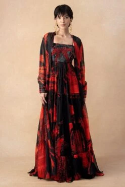 Nikita Mhaisalkar Red & Black Abstract Printed Cape Set