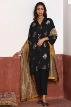 Echo Clothing Store 39 Shorshe Shahi Kurta Set In Black Banarasi Brocade