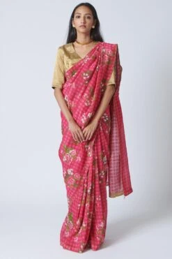 Nadiya Paar Pink Floral Silk Linen Sari