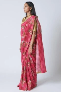 Nadiya Paar Pink Floral Silk Linen Sari -Echo Clothing Store 2623np9 3