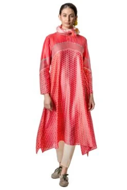 Krishna Mehta Red Chanderi Tunic With Geometric Block Print