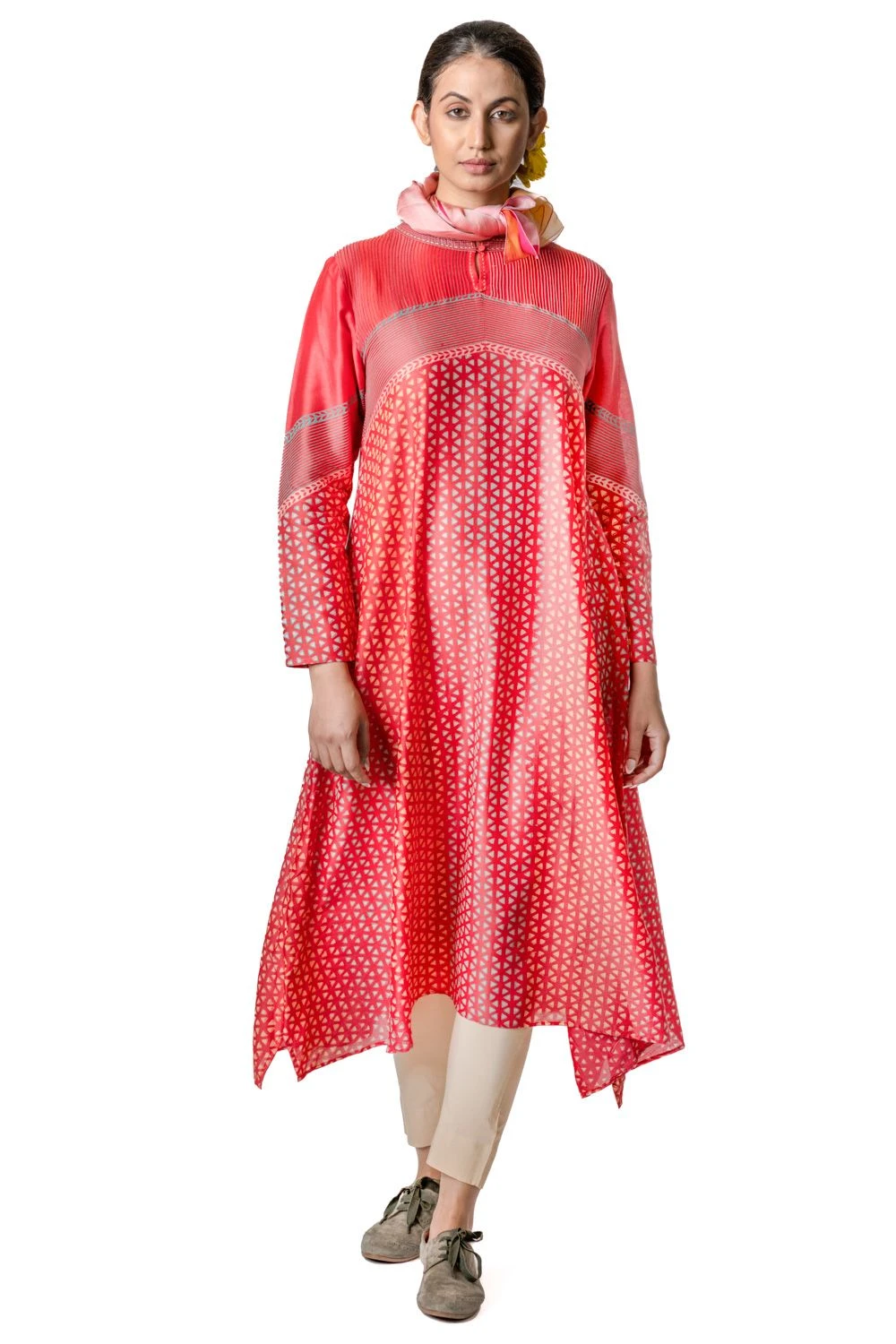 Krishna Mehta Red Chanderi Tunic With Geometric Block Print 1 Krishna Mehta Red Chanderi Tunic With Geometric Block Print