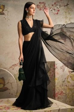 Ridhi Mehra Black Monotone Ruffled Sari Set