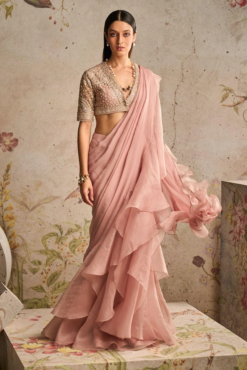 Ridhi Mehra Dusky Pink Embellished Draped Sari Set 1 Ridhi Mehra Dusky Pink Embellished Draped Sari Set