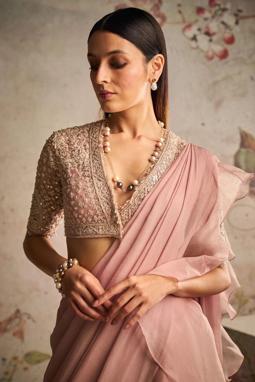 Ridhi Mehra Dusky Pink Embellished Draped Sari Set 2 Ridhi Mehra Dusky Pink Embellished Draped Sari Set - Image 2