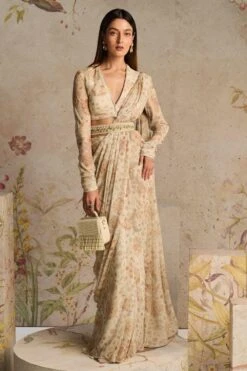 Ridhi Mehra Ivory Floral Printed Sari Set