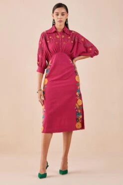 Chandrima Fuchsia Applique And Beadwork Kimono Dress