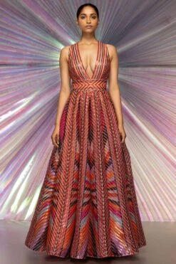 Amit Aggarwal Striped Starburst Pink Structured Gown