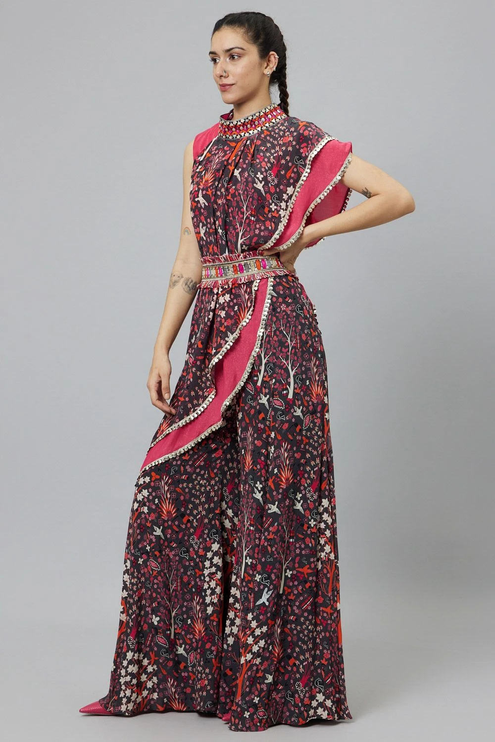 SVA Grey Abstract Printed Draped Sari & Sharara Set 2 SVA Grey Abstract Printed Draped Sari & Sharara Set - Image 2