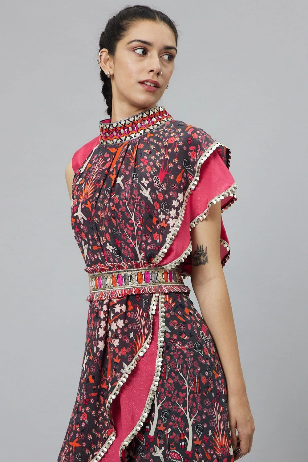 SVA Grey Abstract Printed Draped Sari & Sharara Set 4 SVA Grey Abstract Printed Draped Sari & Sharara Set - Image 4