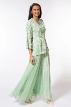 Devika Bhayana Mint Embroidered V Neck Jacket & Sharara Set