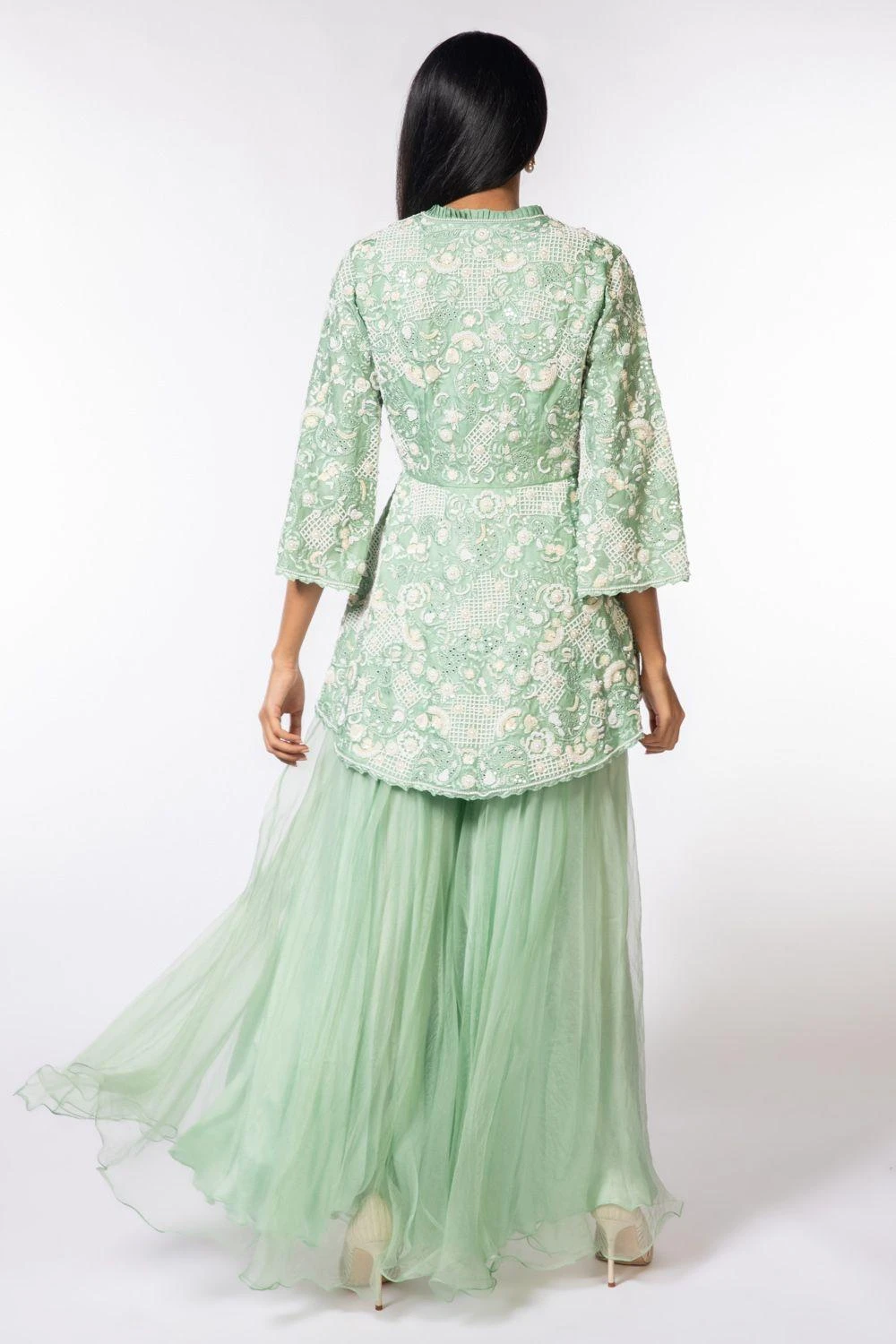 Devika Bhayana Mint Embroidered V Neck Jacket & Sharara Set 4 Devika Bhayana Mint Embroidered V Neck Jacket & Sharara Set - Image 4