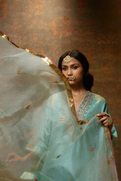 BRIH Aqua Hand Embroidered Dupatta