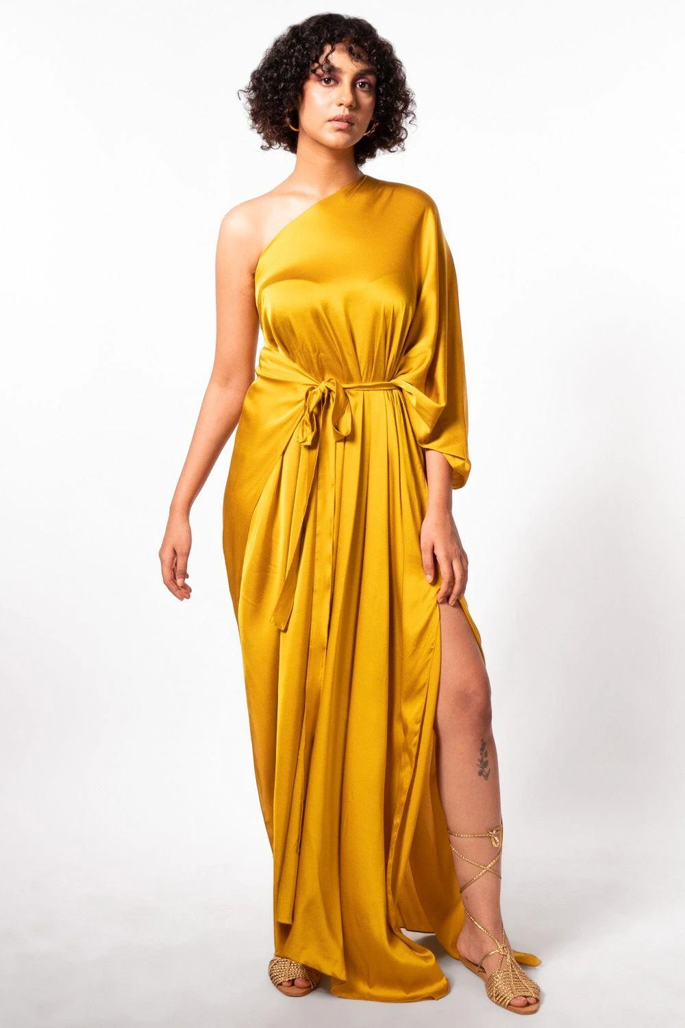 Stephany Mustard Yellow Satin One Shoulder Dress 1 Stephany Mustard Yellow Satin One Shoulder Dress