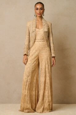 Tarun Tahiliani Beige Crystal Embellished Gilet Set