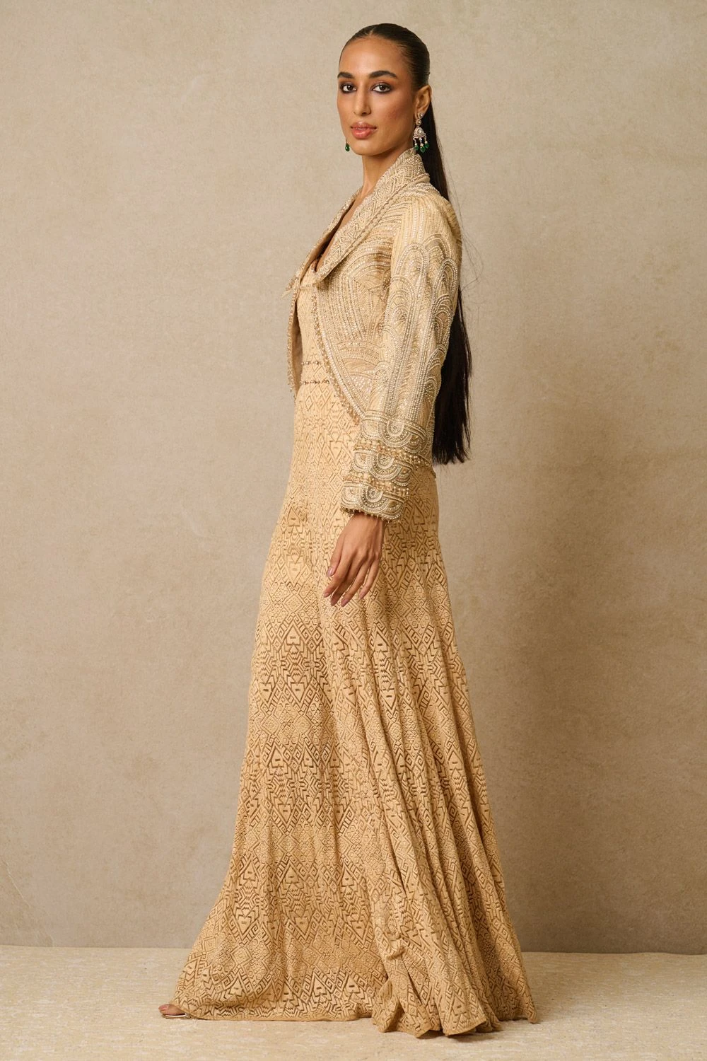 Tarun Tahiliani Beige Crystal Embellished Gilet Set 2 Tarun Tahiliani Beige Crystal Embellished Gilet Set - Image 2