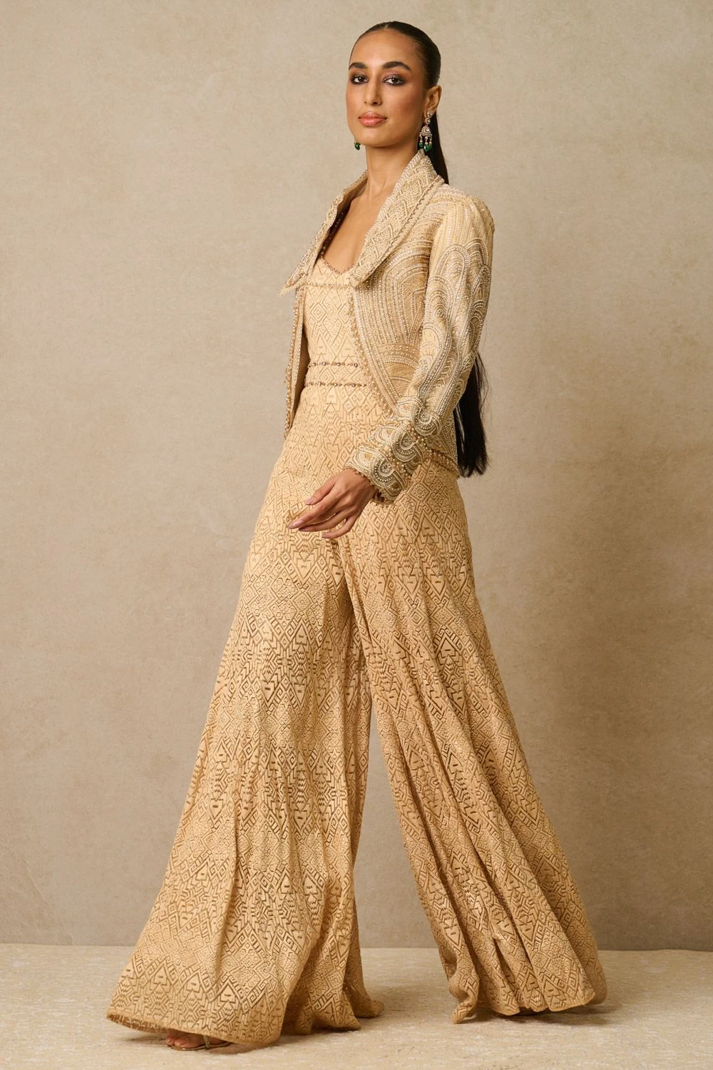 Tarun Tahiliani Beige Crystal Embellished Gilet Set 3 Tarun Tahiliani Beige Crystal Embellished Gilet Set - Image 3