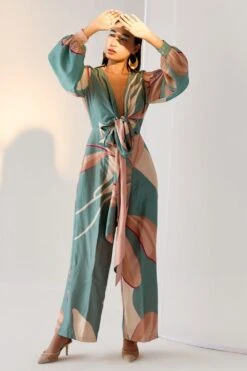 Twinkle Hanspal Iris Teal Printed Jumpsuit With Tie-up Detail