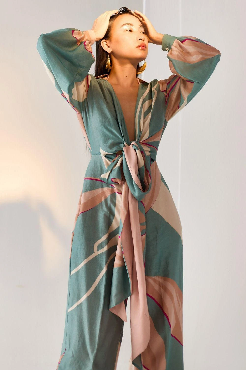 Twinkle Hanspal Iris Teal Printed Jumpsuit With Tie-up Detail 2 Twinkle Hanspal Iris Teal Printed Jumpsuit With Tie-up Detail - Image 2