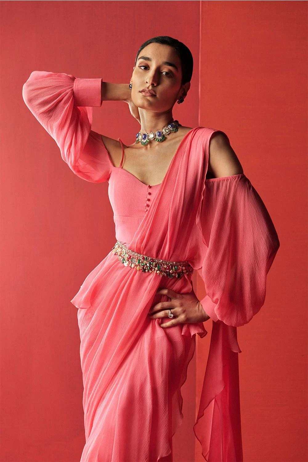 Ridhi Mehra Alizeh Draped Sari With Jewel Embroidered Belt 4 Ridhi Mehra Alizeh Draped Sari With Jewel Embroidered Belt - Image 4