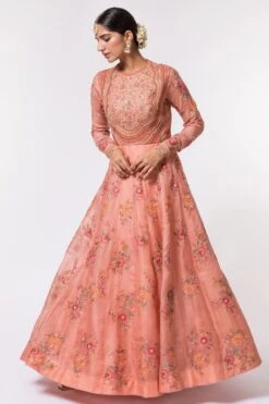Petticoat Lane By Divya Peach Embroidered Organza Anarkali -Echo Clothing Store 303pl1 3
