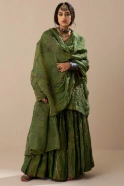 Sunira Designs Green Handwoven Linen Translucent Dupatta