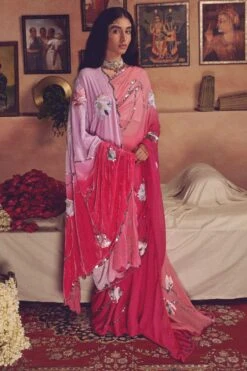 Jadon Pink Ombre Radha Lotus Embroidered Sari