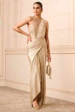 Tarun Tahiliani Gold Floral Embellished Concept Sari