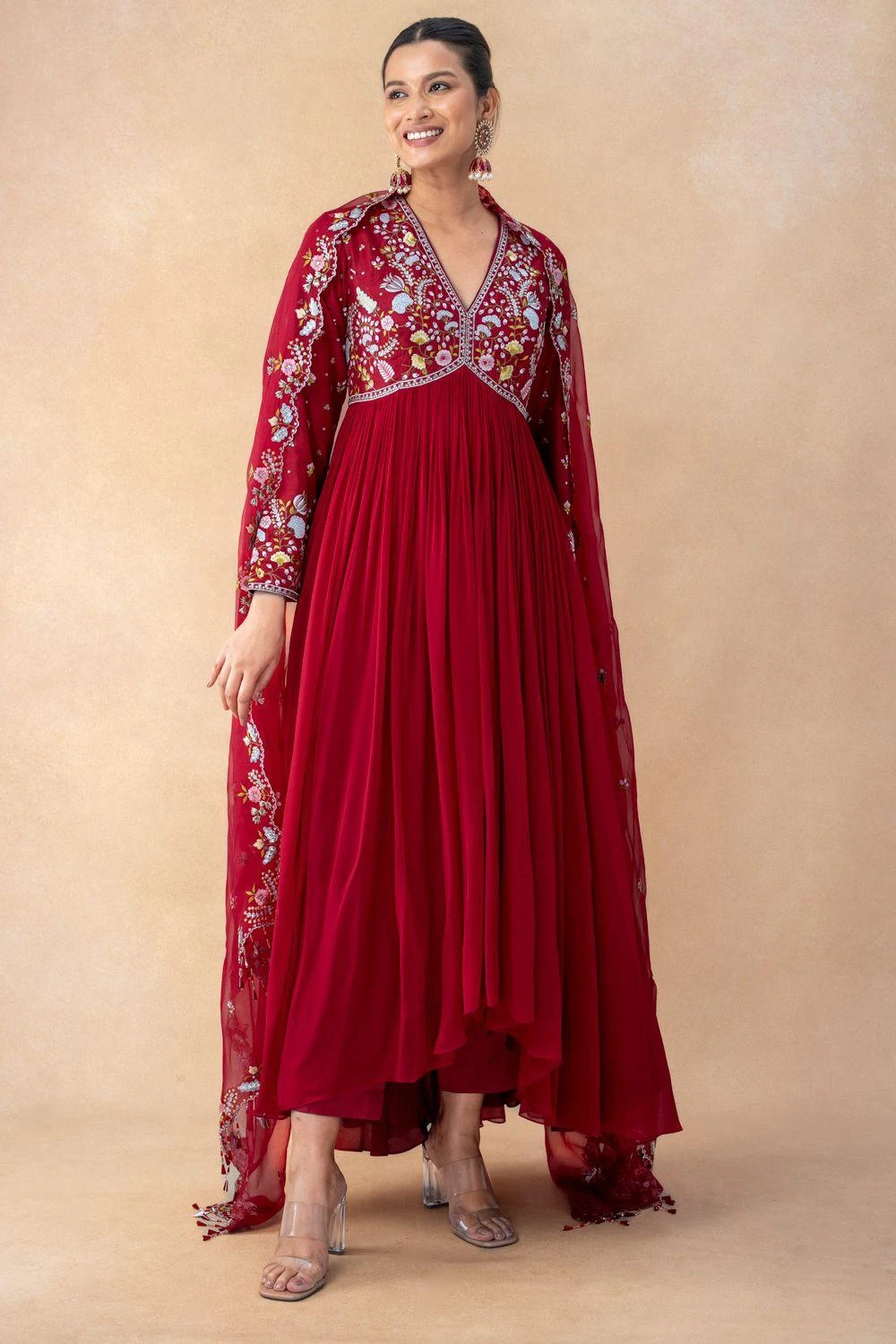 Ahilian Red Floral Embellished Anarkali Set 1 Ahilian Red Floral Embellished Anarkali Set
