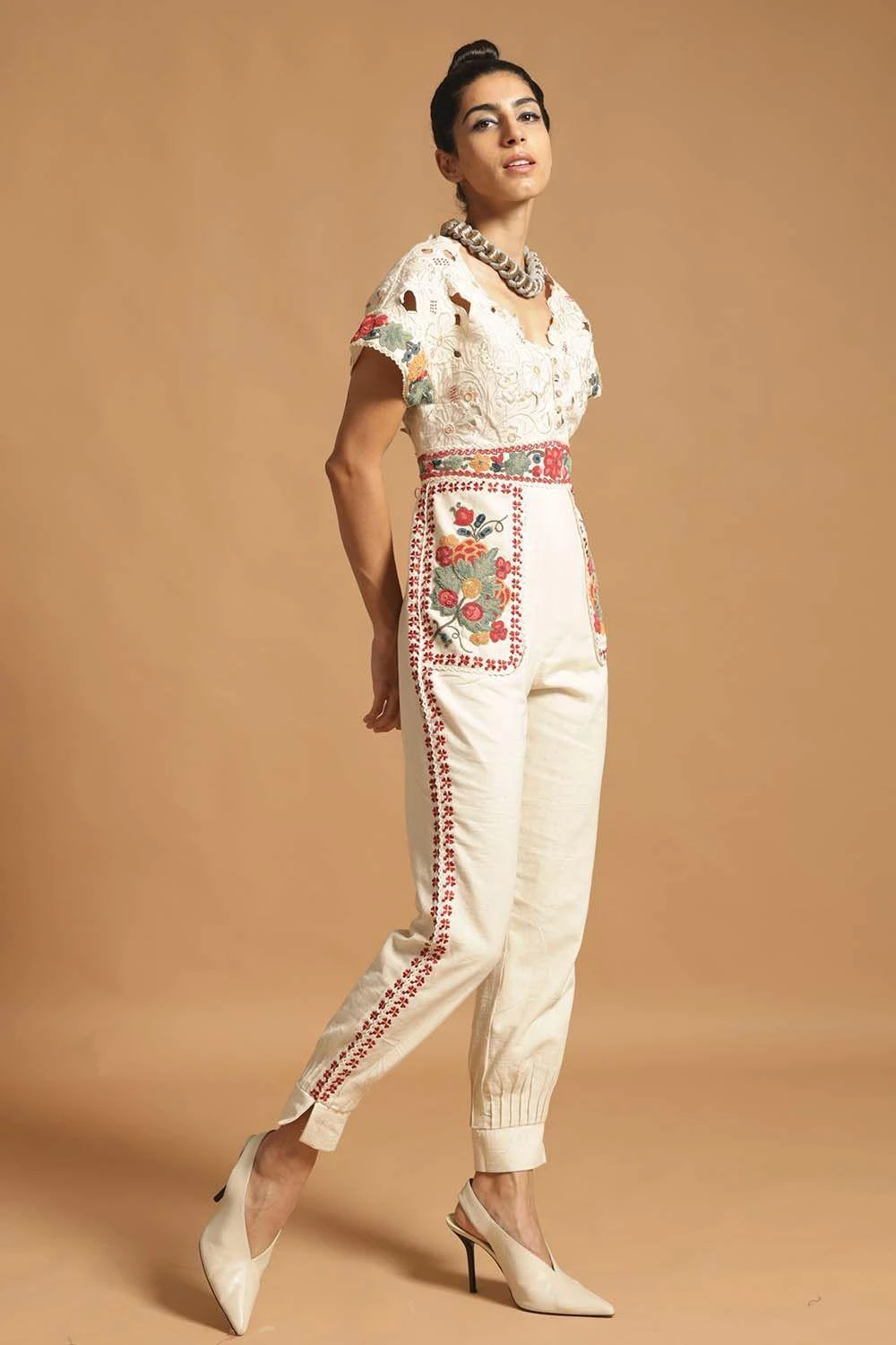 Chandrima Ivory Cotton Jumpsuit With Cutwork Detail 1 Chandrima Ivory Cotton Jumpsuit With Cutwork Detail