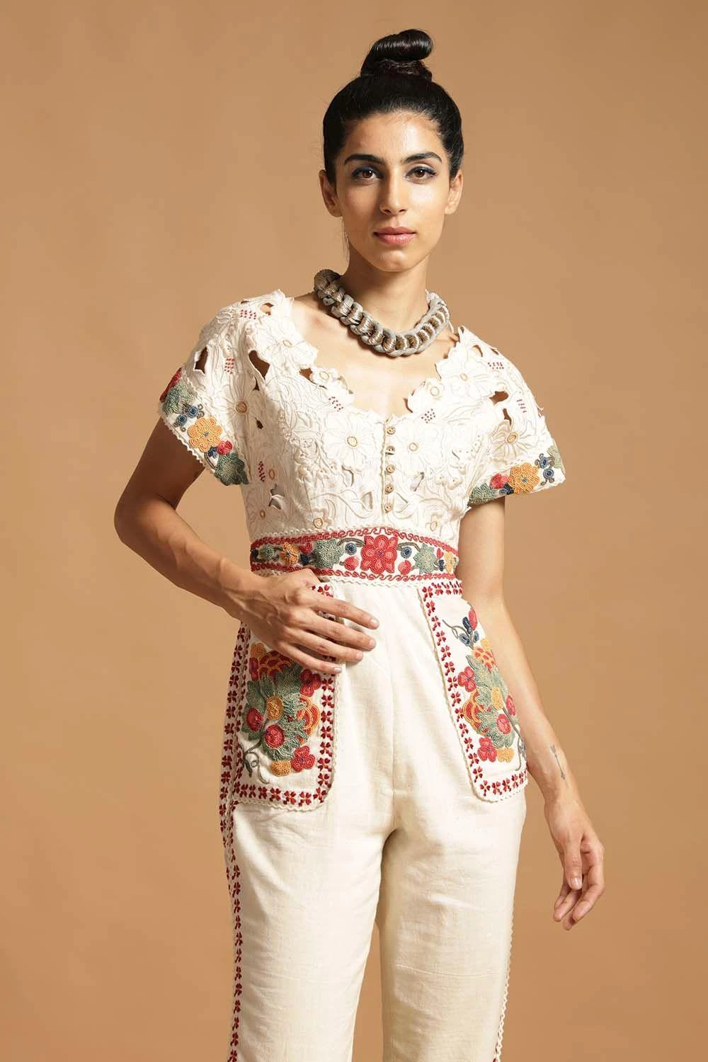 Chandrima Ivory Cotton Jumpsuit With Cutwork Detail 2 Chandrima Ivory Cotton Jumpsuit With Cutwork Detail - Image 2