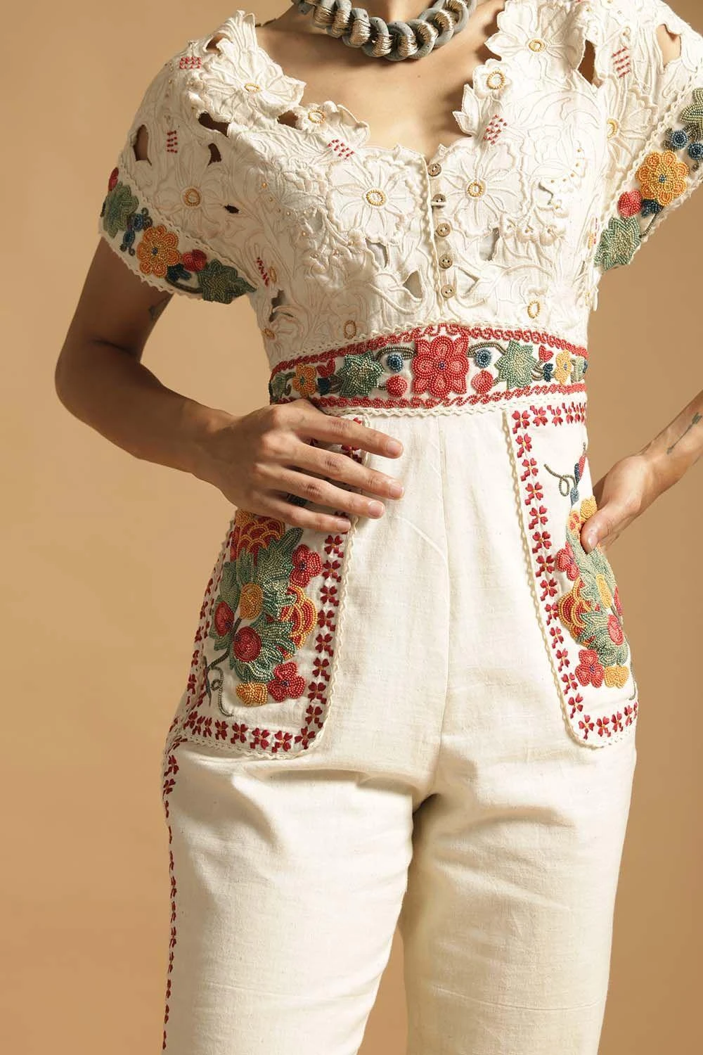 Chandrima Ivory Cotton Jumpsuit With Cutwork Detail 3 Chandrima Ivory Cotton Jumpsuit With Cutwork Detail - Image 3