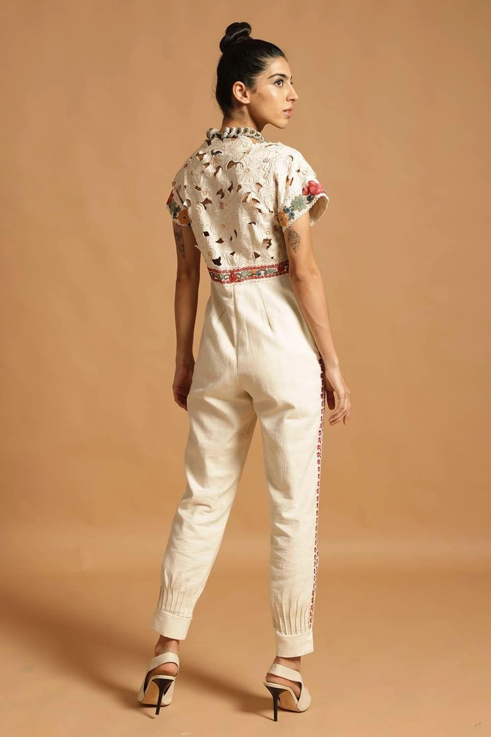 Chandrima Ivory Cotton Jumpsuit With Cutwork Detail 4 Chandrima Ivory Cotton Jumpsuit With Cutwork Detail - Image 4