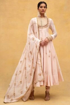 Anamika Khanna Pink Thread Embroidered Anarkali Set