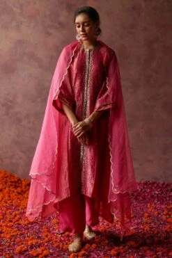 Begum Pret Pink Hand Embellished A-line Kurta Set