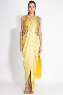 431-88 By Shweta Kapur Lemon Gold Sari Set With A Honeycomb Jacket