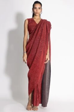 431-88 By Shweta Kapur Red Draped Sequin Sari Set