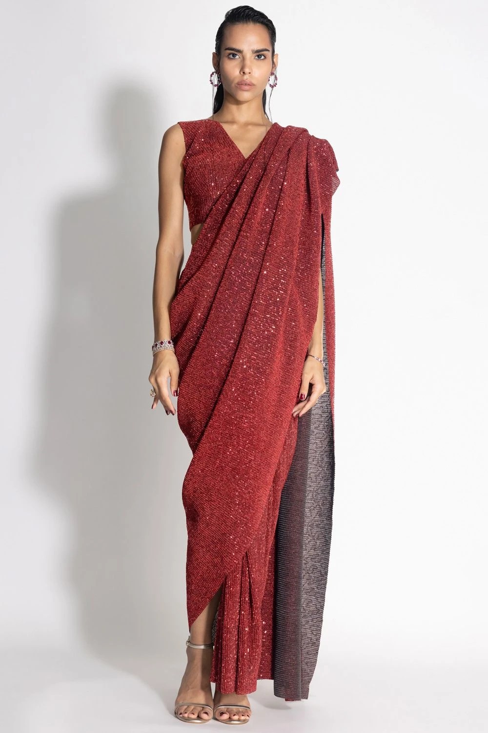 431-88 By Shweta Kapur Red Draped Sequin Sari Set 1 431-88 By Shweta Kapur Red Draped Sequin Sari Set