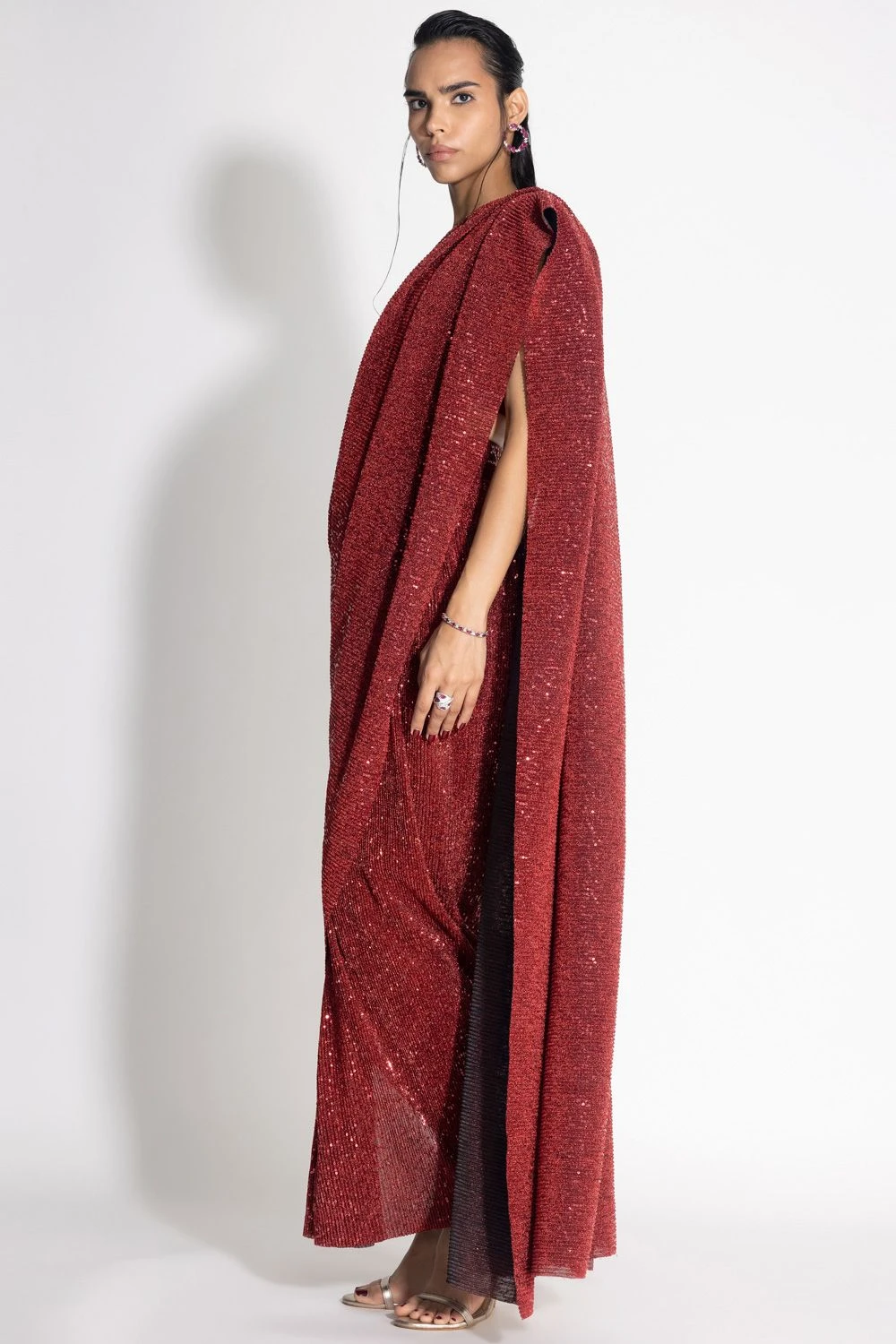 431-88 By Shweta Kapur Red Draped Sequin Sari Set 2 431-88 By Shweta Kapur Red Draped Sequin Sari Set - Image 2