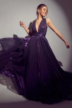 Gauri & Nainika Purple Plunge Neck Plisse Gown