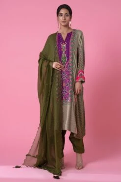 Siddhartha Bansal Safari Green-purple Floral A-line Kurta Set