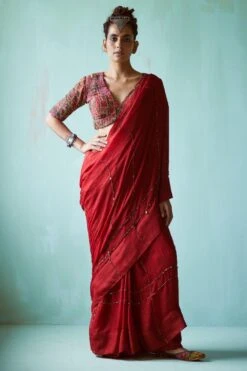 Medha Red Hand Embellished Patchwork Sari Set