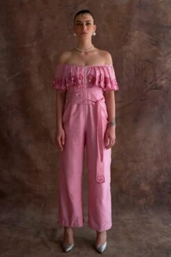 Sakshi Khetterpal Orchid-tinted Chanderi Off-shoulder Jumpsuit