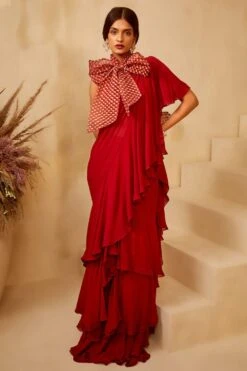 Bhumika Sharma Red Ruffle Sari & Bow Blouse