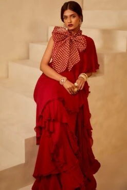 Bhumika Sharma Red Ruffle Sari & Bow Blouse -Echo Clothing Store 61bs17 3