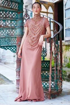 Mala And Kinnary Mocha Column Gown