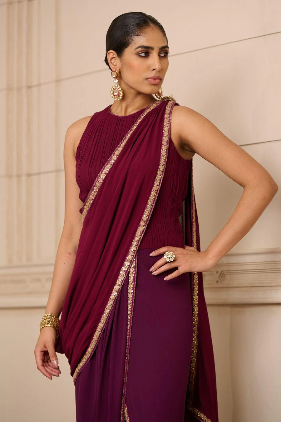 Tarun Tahiliani Purple Draped-dhoti Concept Sari Set 3 Tarun Tahiliani Purple Draped-dhoti Concept Sari Set - Image 3